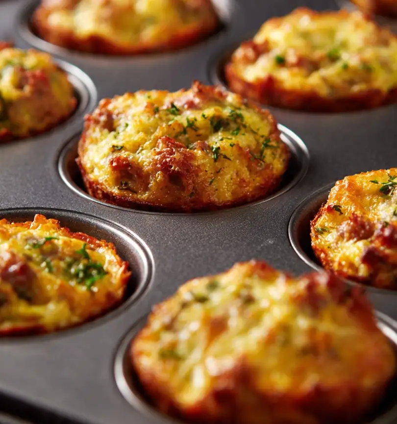 Close-up of golden crispy hashbrown sausage bites in a muffin pan.