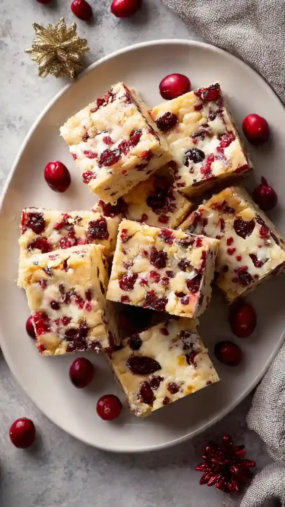 Close-up of cranberry bliss bar with cream cheese frosting and cranberries.