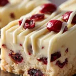 A tray of cranberry bliss bars with cream cheese frosting and dried cranberries.