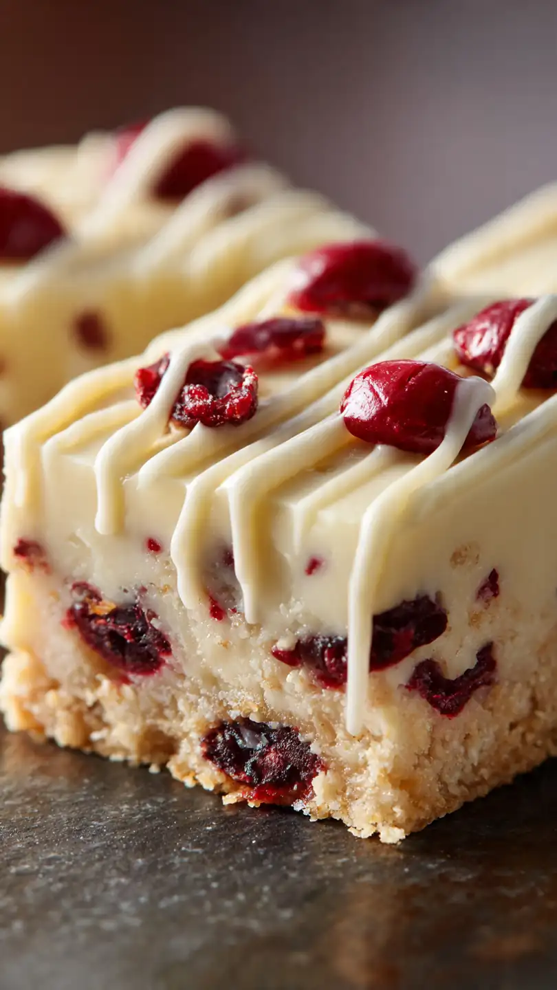 A tray of cranberry bliss bars with cream cheese frosting and dried cranberries.