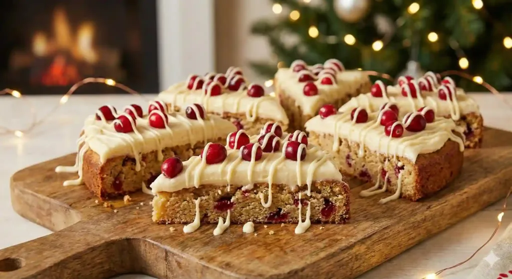 Triangle-shaped cranberry bliss bars with frosting and cranberries.