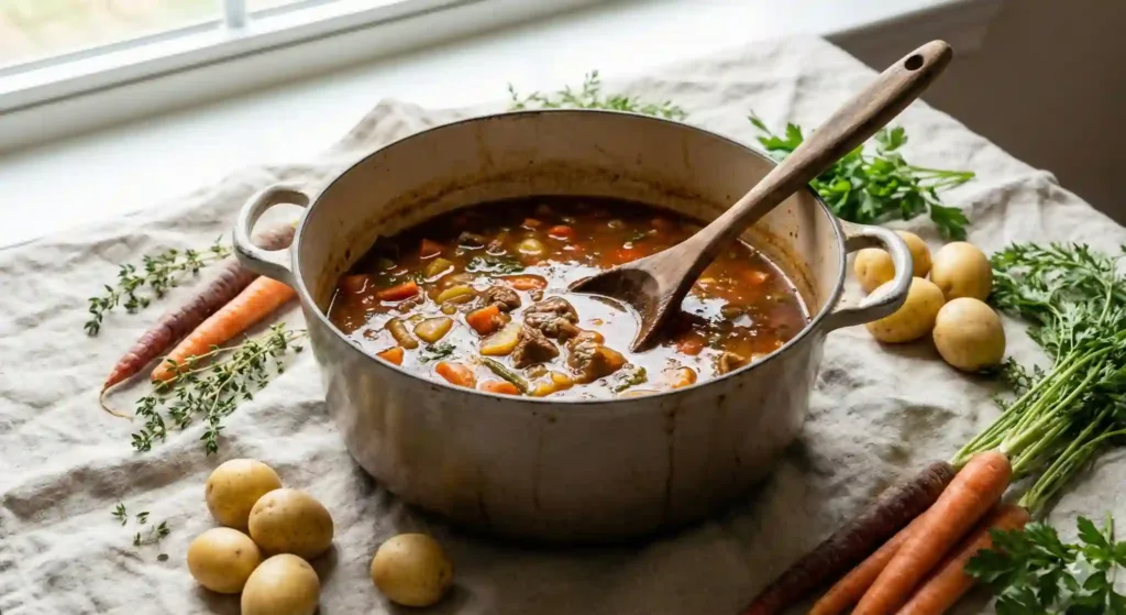 top-down dining table setup with two bowls of vegetable beef soup, bread slices on the side, sprinkled pepper, dark wooden table, soft shadows, high-resolution photography, inviting homestyle presentation