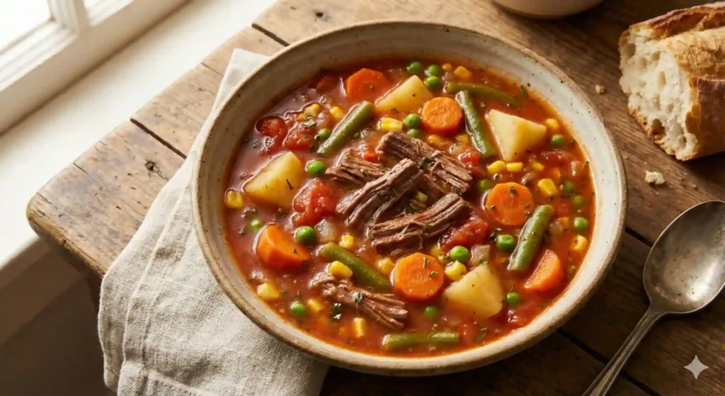 A variety of hearty beef stew dishes, served with rustic bread and fresh vegetables like carrots, potatoes, and peas.