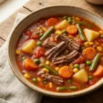 A variety of hearty beef stew dishes, served with rustic bread and fresh vegetables like carrots, potatoes, and peas.