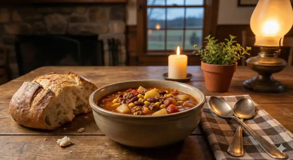Cowboy soup served in rustic bowls with ingredients like ground beef, beans, corn, tomatoes, potatoes, and spices.