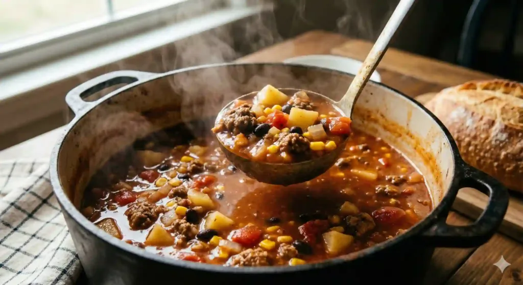 Cowboy soup served in rustic bowls with ingredients like ground beef, beans, corn, tomatoes, potatoes, and spices.