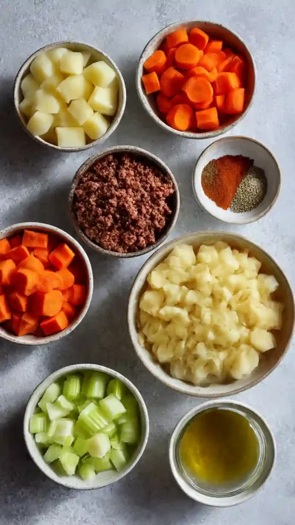 Cowboy soup served in rustic bowls with ingredients like ground beef, beans, corn, tomatoes, potatoes, and spices.