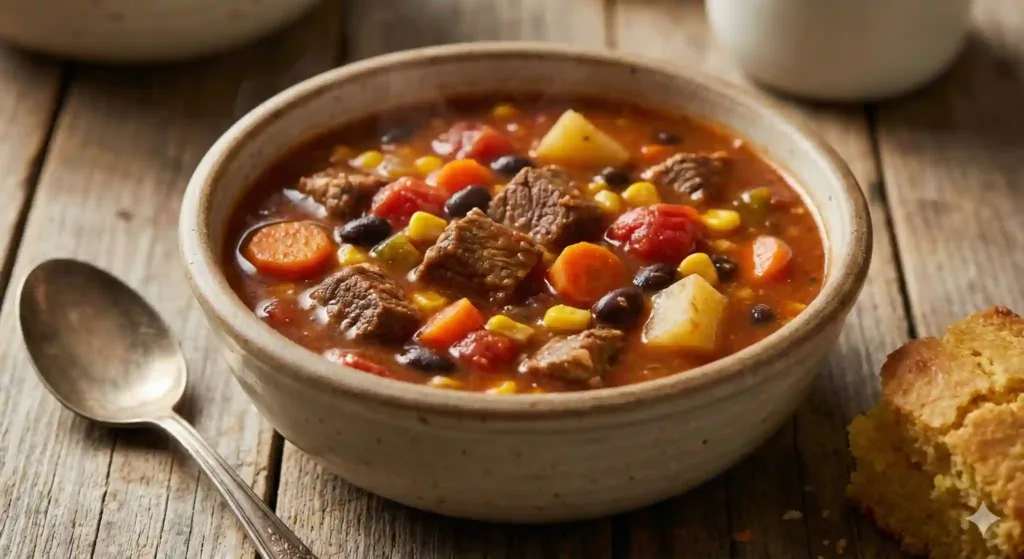 Cowboy soup served in rustic bowls with ingredients like ground beef, beans, corn, tomatoes, potatoes, and spices.