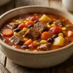 Cowboy soup served in rustic bowls with ingredients like ground beef, beans, corn, tomatoes, potatoes, and spices.