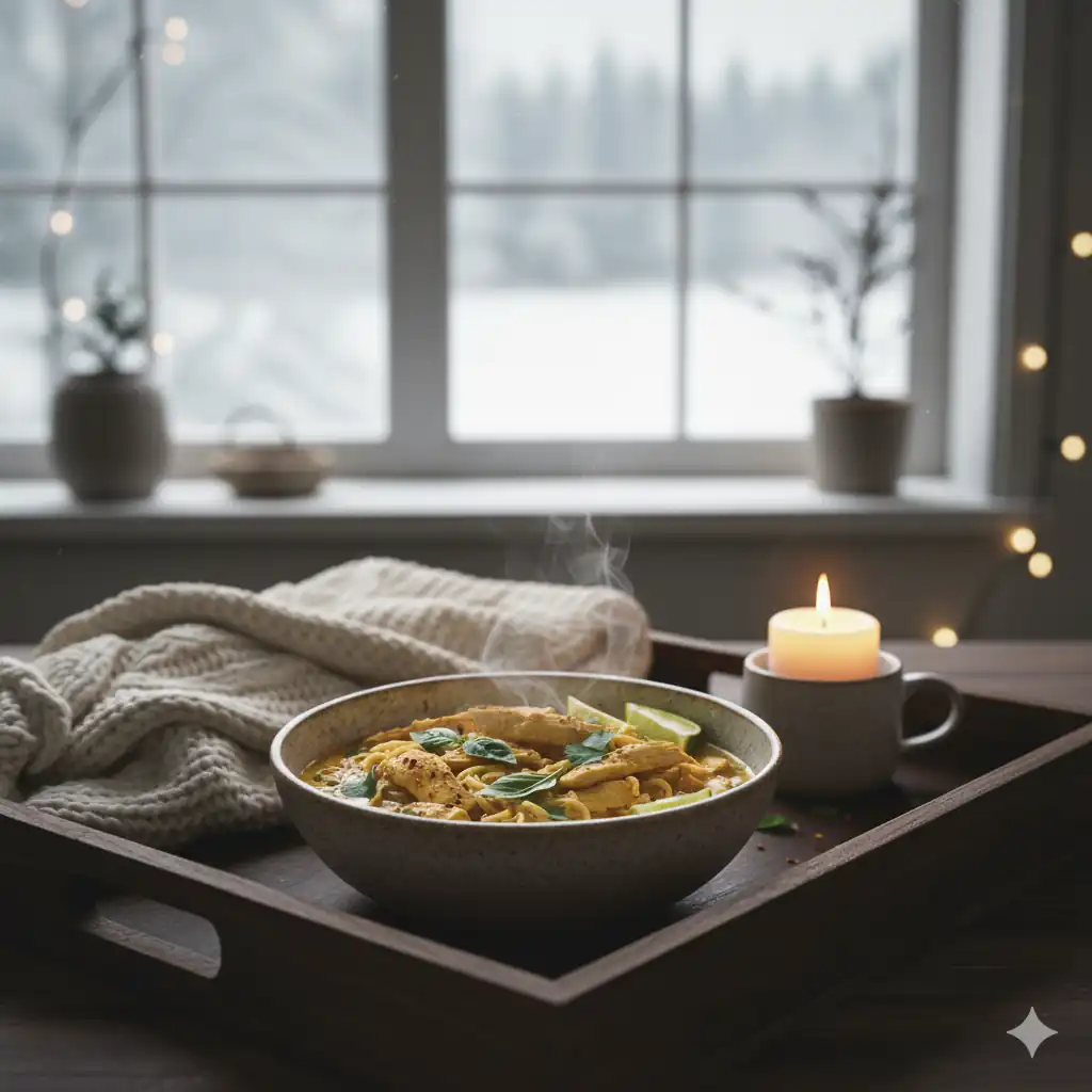 Bowl of Thai curry noodles with chicken, herbs, and lime wedges.