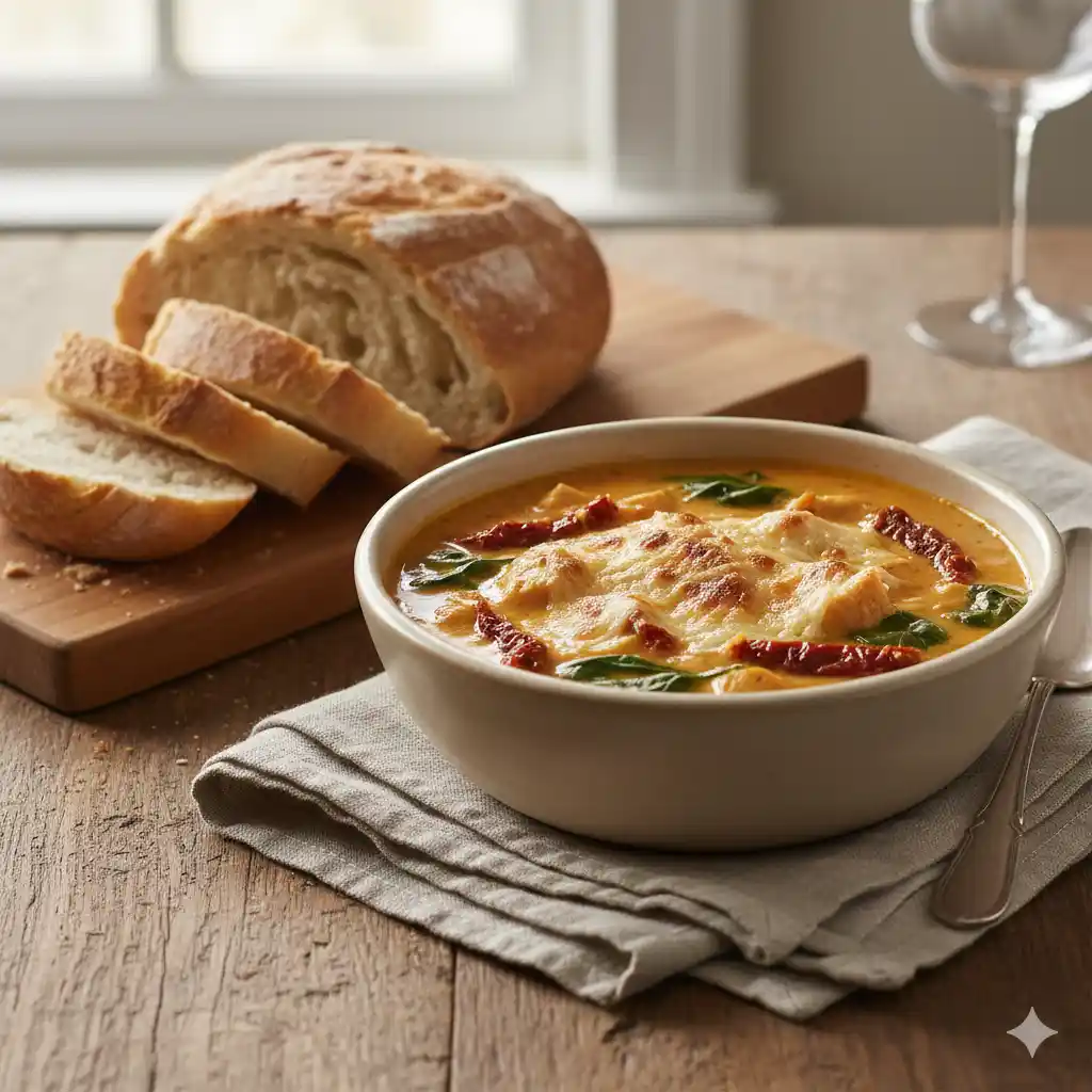 A ladleful of creamy Tuscan chicken soup ready to serve.
