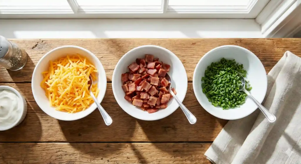 A variety of potato soup dishes, garnished with shredded cheese, chopped bacon, and green onions, served with rustic bread.