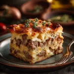 Slice of pancake sausage casserole with maple drizzle on a plate