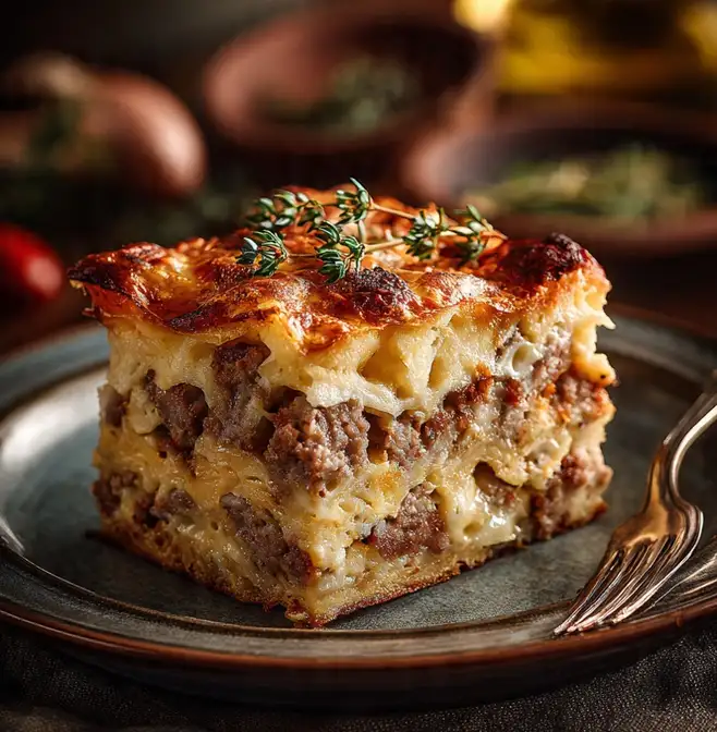 Slice of pancake sausage casserole with maple drizzle on a plate