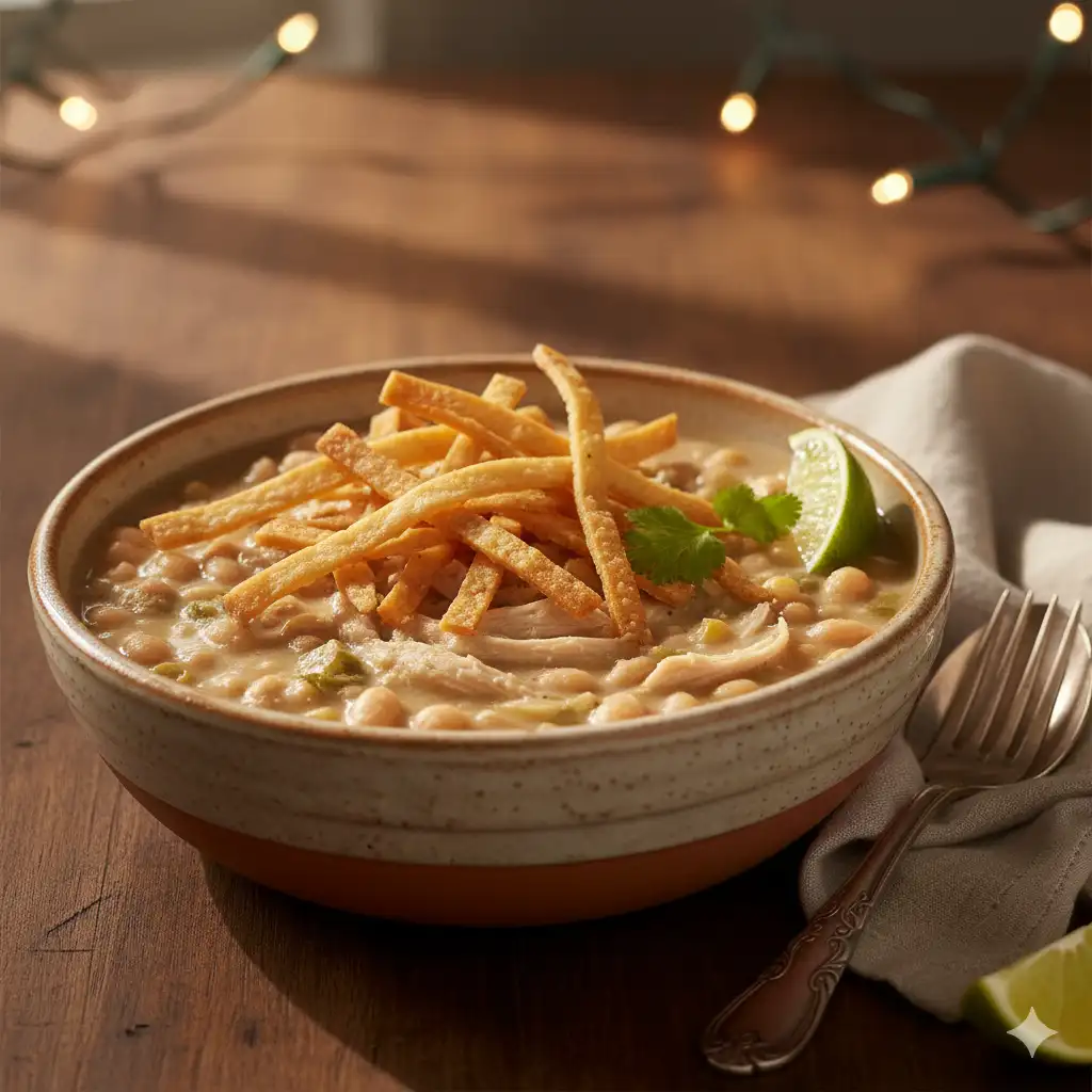 Bowl of white chicken chili topped with tortilla strips and lime.