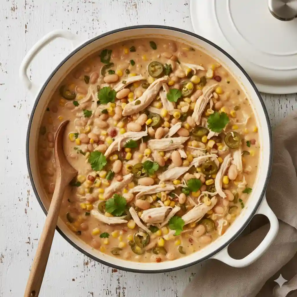 Dutch oven filled with creamy white chicken chili and beans.