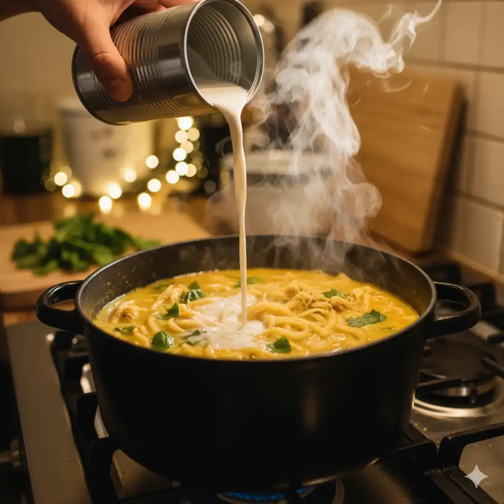 Coconut milk being poured into a pot of curry noodles on a stovetop.