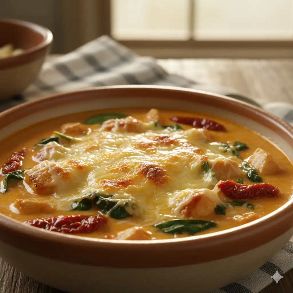Overhead shot of creamy Tuscan chicken soup with vegetables and pasta.