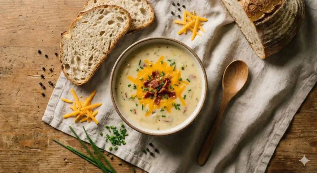 A variety of potato soup dishes, garnished with shredded cheese, chopped bacon, and green onions, served with rustic bread.