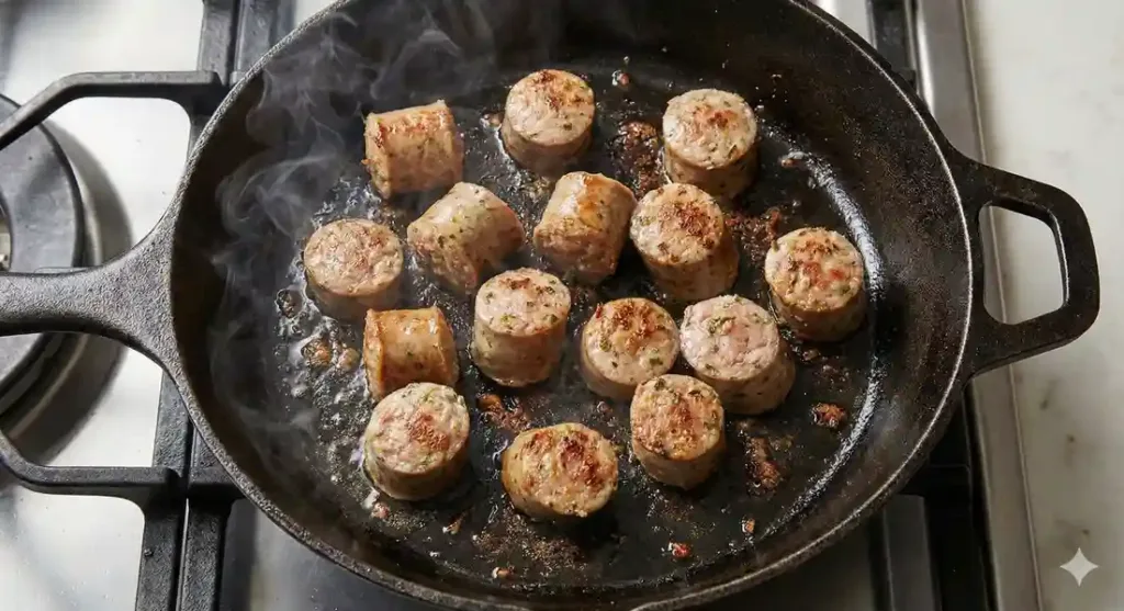 Breakfast sausage browning in a skillet for casserole