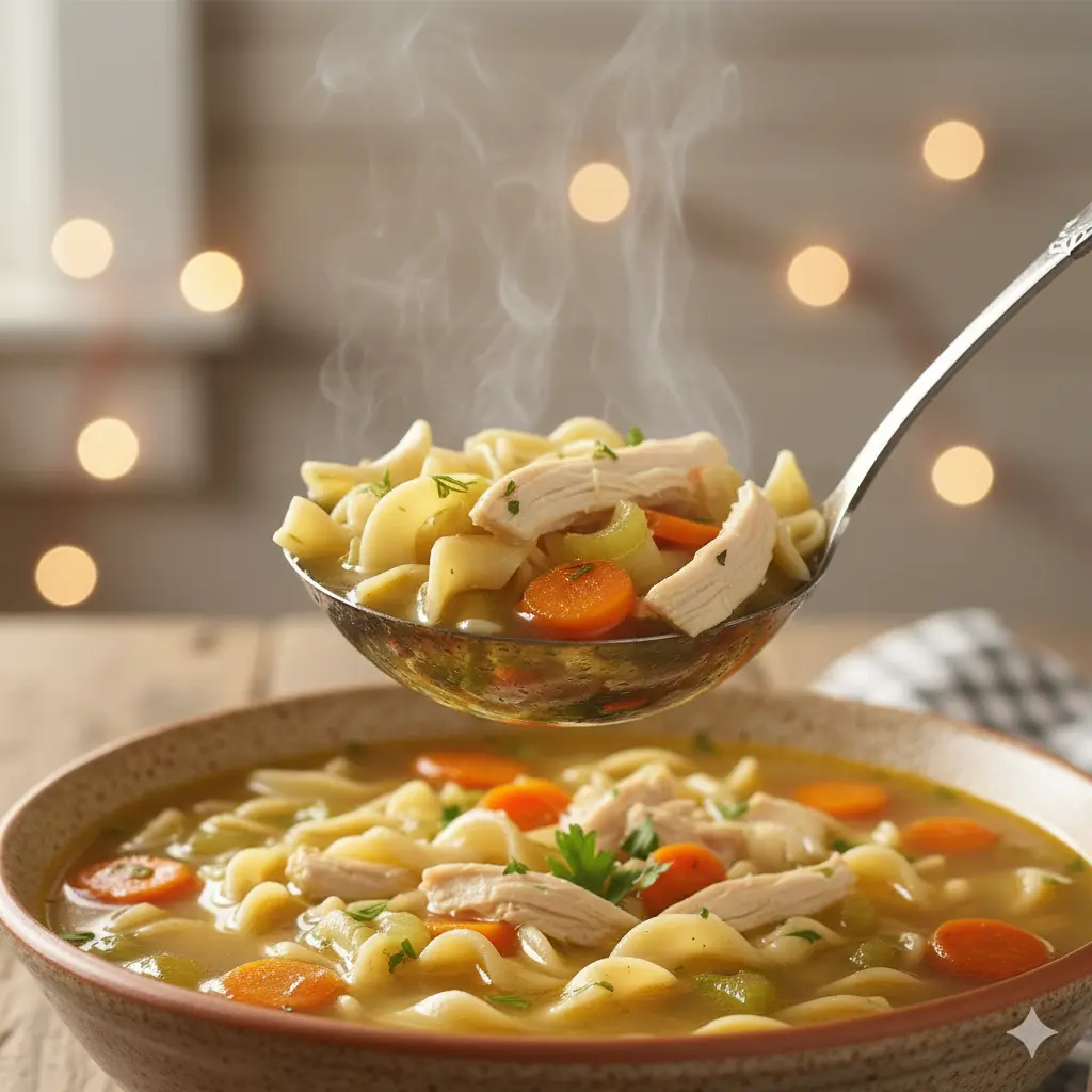 Ladle scooping chicken, noodles, and vegetables from soup pot.