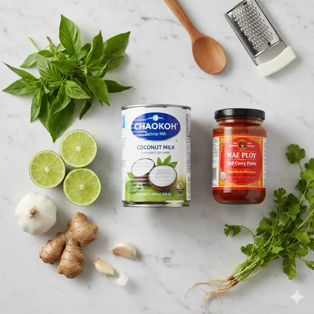 Ingredients for Thai curry noodles including coconut milk, curry paste, herbs, and lime.
