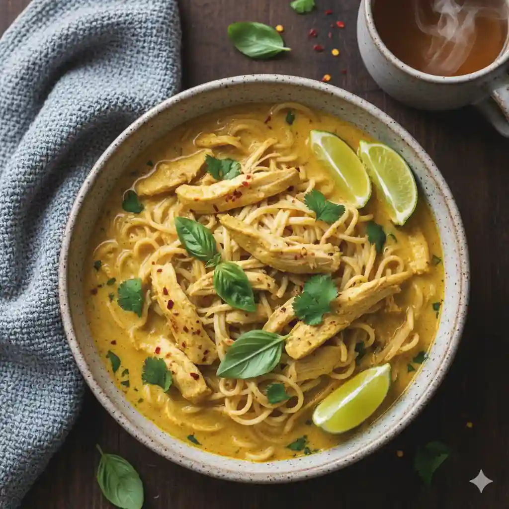 Cozy bowl of Thai curry noodles by a window on a snowy day.