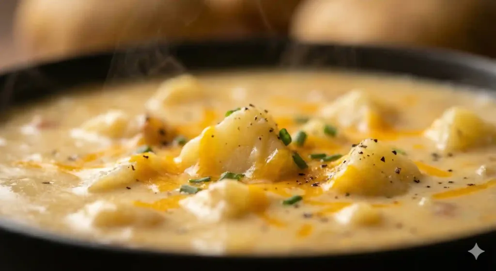 A variety of potato soup dishes, garnished with shredded cheese, chopped bacon, and green onions, served with rustic bread.