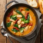 Creamy Marry Me Tuscan Chicken Soup with chicken, pasta, and spinach.