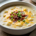 A variety of potato soup dishes, garnished with shredded cheese, chopped bacon, and green onions, served with rustic bread.