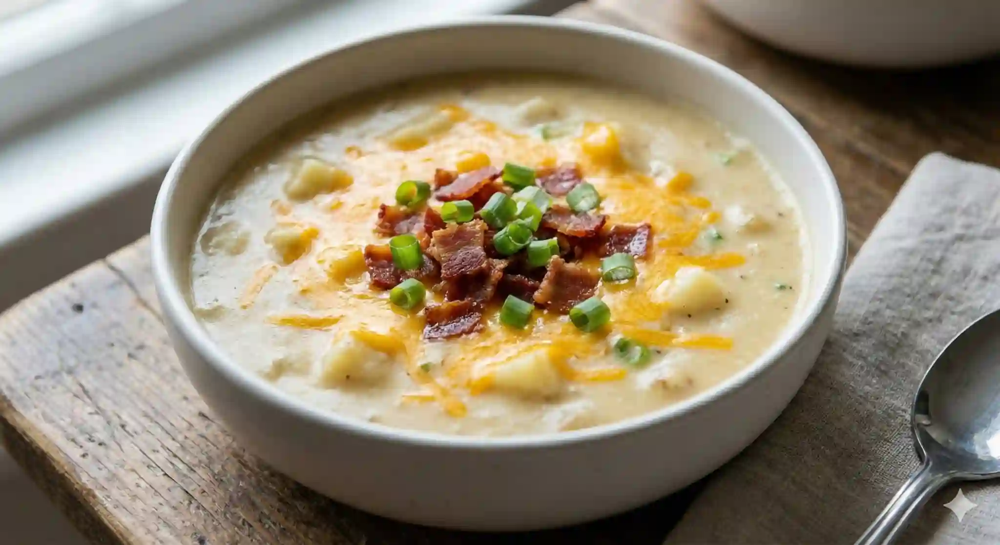 A variety of potato soup dishes, garnished with shredded cheese, chopped bacon, and green onions, served with rustic bread.