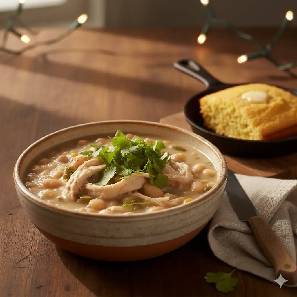 Close-up of creamy white chili with beans and chicken.