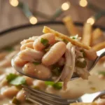 Creamy White Chicken Chili with beans, chicken, and green chilies.