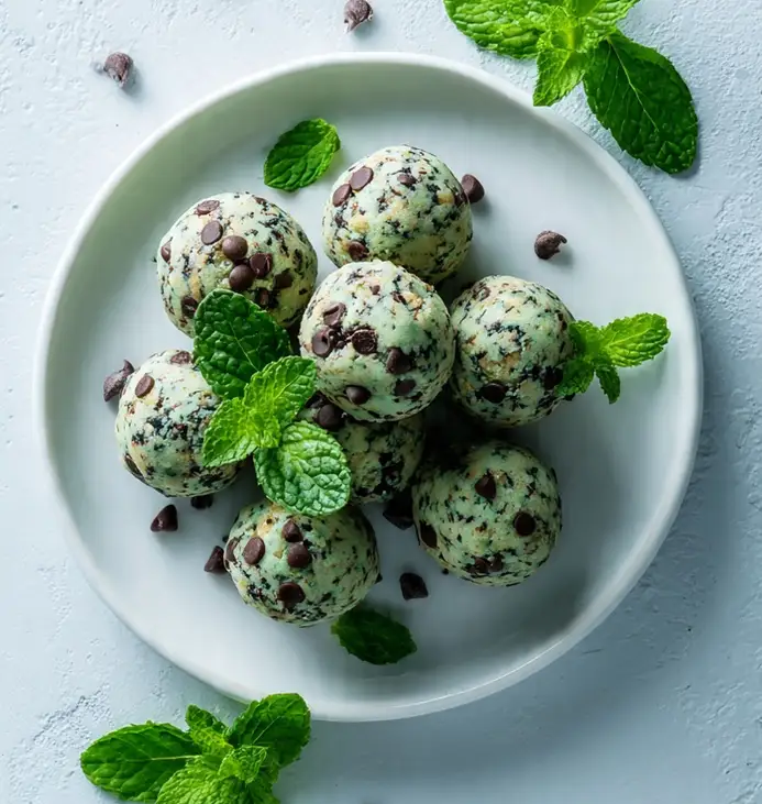 Mint chocolate chip protein bites arranged neatly on a plate