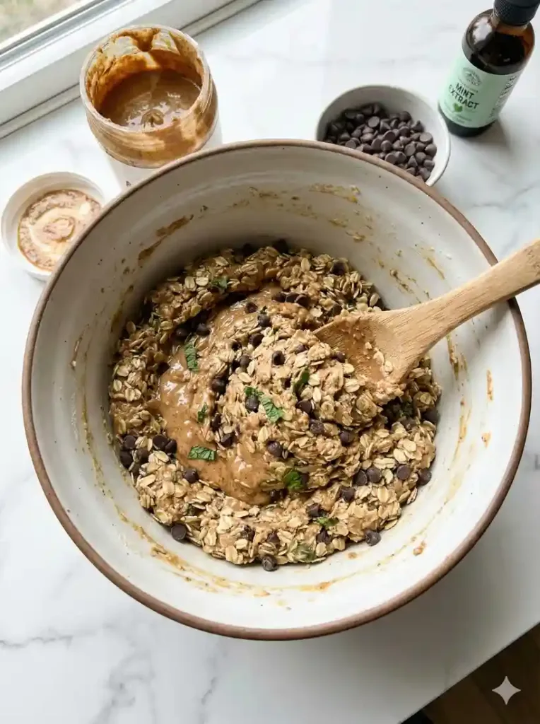 Bowl of mint chocolate chip protein bite dough being mixed