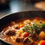 Warm pot roast soup with potatoes and carrots in a Dutch oven.