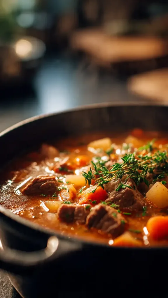Warm pot roast soup with potatoes and carrots in a Dutch oven.