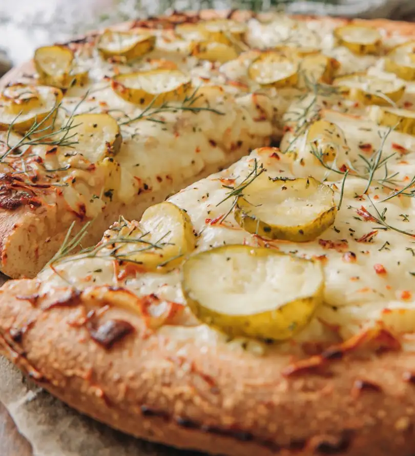Hand placing sliced pickles evenly over dairy-free cheese on pizza crust.