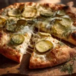 Crispy pizza topped with dairy-free cheese and sliced pickles.