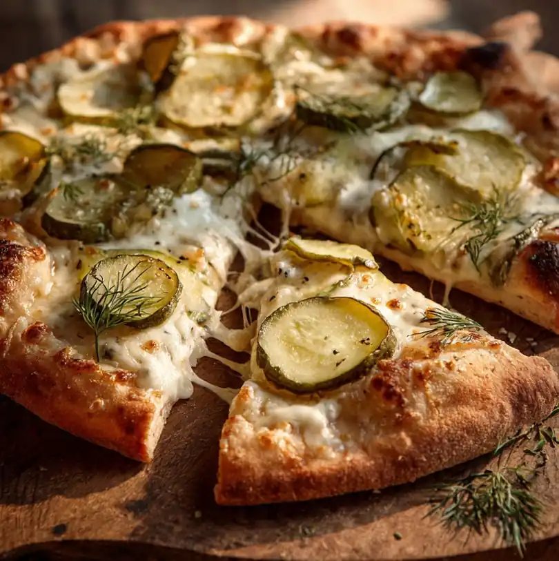 Crispy pizza topped with dairy-free cheese and sliced pickles.