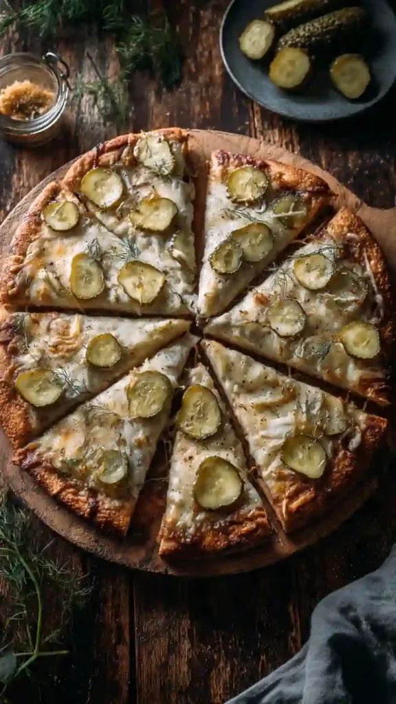 Dairy-free garlic-dill sauce spread across pizza crust.
