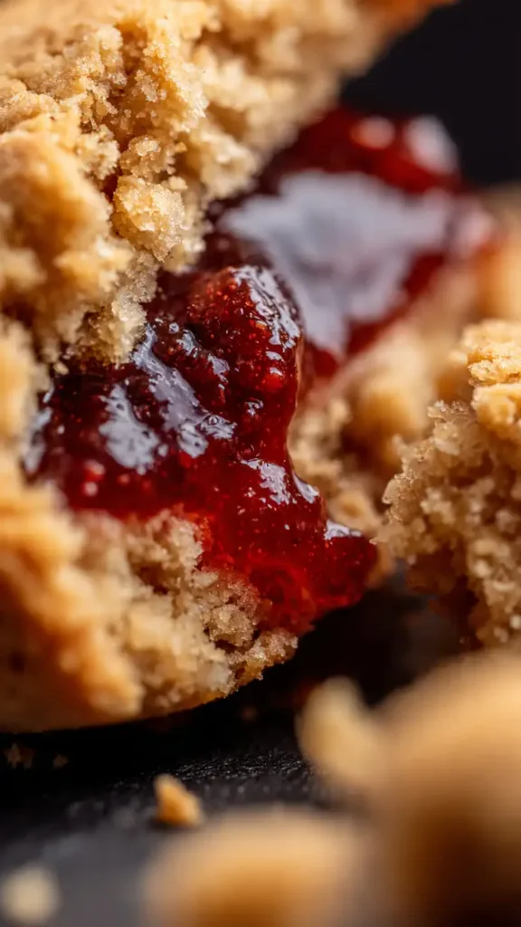 Stacked raspberry crumble cookies with dripping jam and crumbly edges.