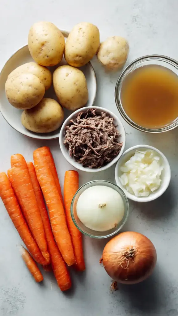 Pot roast soup ingredients including carrots, potatoes, onion, broth, and beef.