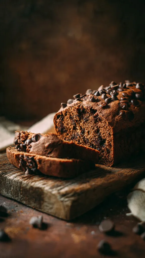 Banana bread loaded with warm chocolate chips.