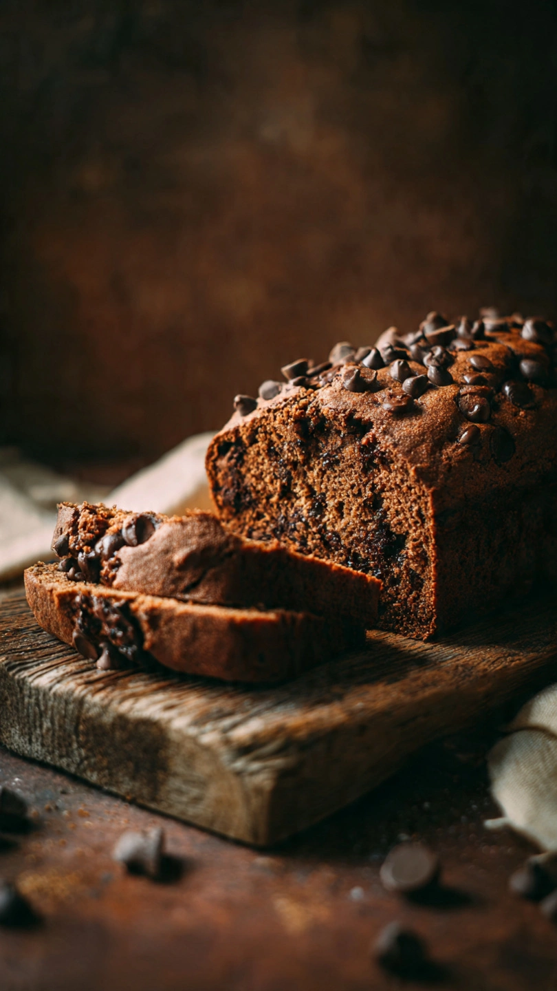 Banana bread loaded with warm chocolate chips.