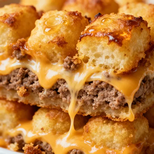 A series of hearty tater tot casseroles with melted cheese, seasoned ground beef, and green beans, served in rustic settings.