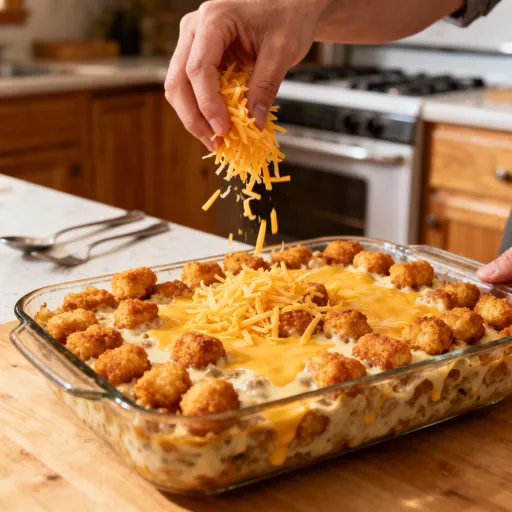 A series of hearty tater tot casseroles with melted cheese, seasoned ground beef, and green beans, served in rustic settings.