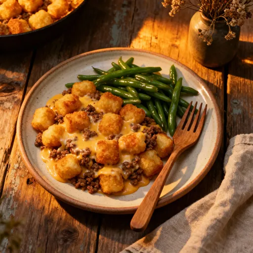 A series of hearty tater tot casseroles with melted cheese, seasoned ground beef, and green beans, served in rustic settings.
