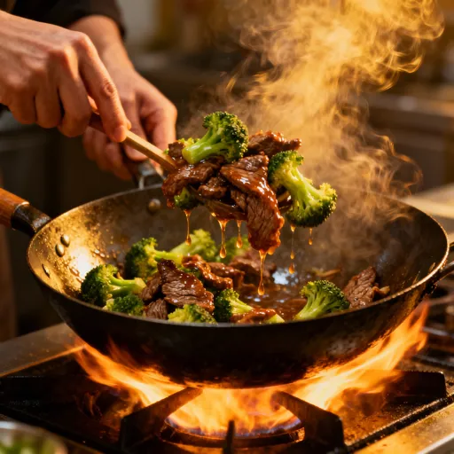 Beef and broccoli stir-fry served over steamed white rice, garnished with sesame seeds in a cozy kitchen or restaurant setting.