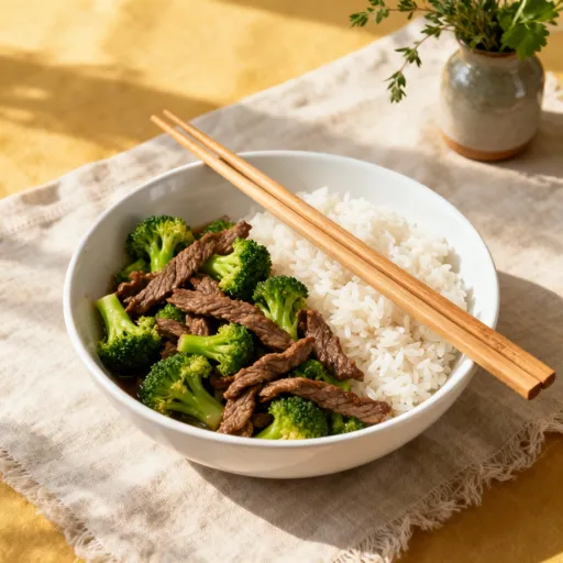 Beef and broccoli stir-fry served over steamed white rice, garnished with sesame seeds in a cozy kitchen or restaurant setting.